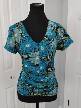 JM Collection Teal Floral Ruched V-Neck Short Sleeve Top